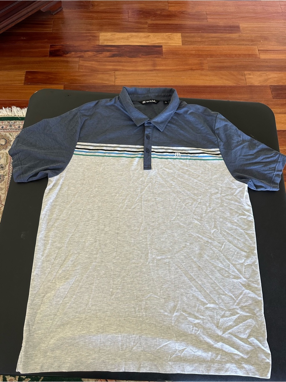 Travis Mathew Blue & Light Gray Striped Polo Shirt 2XL